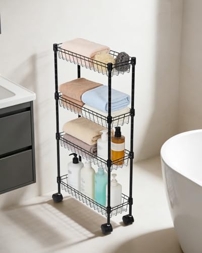 GarveeHome Slim Rolling Storage Cart, 4 Tier Metal Utility Cart with Wheels, Adjustable Shelving Unit Basket for Kitchen Bathroom Laundry Room Living Room & Narrow Corner, 15.75"X5.91"X31.5", Black - size: 4 Tier