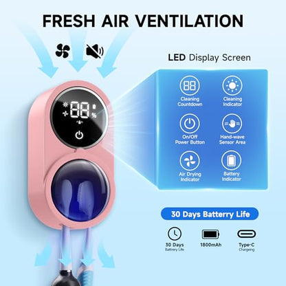 Wall-Mounted Toothbrush Holder for Bathroom, Proximity Sensor Toothbrush Cleaner, Compatible with Most Toothbrush Models, LED Smart Screen, Heating Film Drying, Rechargeable (03Pink)