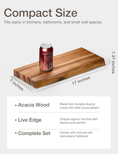 BATODA 17” Acacia Live Edge Floating Shelves, Wooden Floating Shelves for Wall - Set of 2 Floating Book Shelves, Book Shelf for Wall, Bathroom, Kitchen - Mounted Shelf, House Decor with Hardware | Acacia Wood, Live Edge Design, Concealed Brackets, 100 Lb