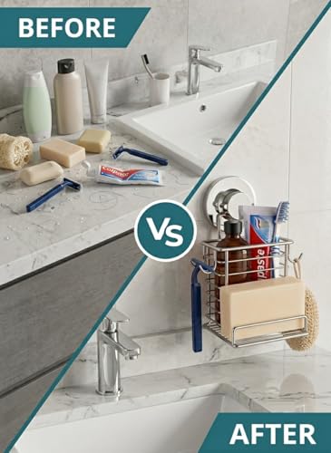 Toothbrush Holder Suction Cup Wall Mounted Toothpaste and Toothbrushes Holder Shelf for Soap Dish or Phone Powerful Vacuum System Rustproof Stainless Steel Organizer Electric Toothbrush (Silver)