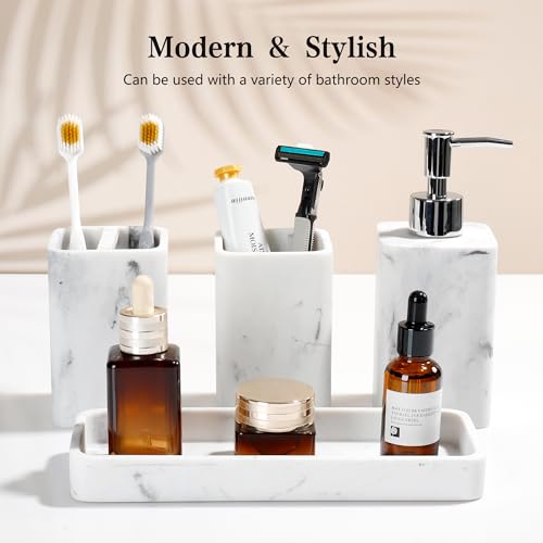 Bathroom Accessories Set, 4 Piece Toothbrush Holder Set Marble White | Bathroom Accessory Set with Soap Dispenser, Toothbrush Holder, Tumbler, Vanity Tray, Bathroom Sink Set for Modern Home Decor - style: White