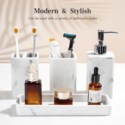 Bathroom Accessories Set, 4 Piece Toothbrush Holder Set Marble White | Bathroom Accessory Set with Soap Dispenser, Toothbrush Holder, Tumbler, Vanity Tray, Bathroom Sink Set for Modern Home Decor - style: White