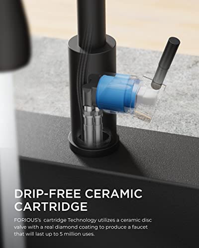 FORIOUS Kitchen Faucet with LED Light Sprayer, Single Hole, Black | Stainless Steel LED Sink Faucet with Pull Down Sprayer, High Arc Single Handle, Suitable for Farmhouse Laundry Camper Rv Bar - color: Matte Black
