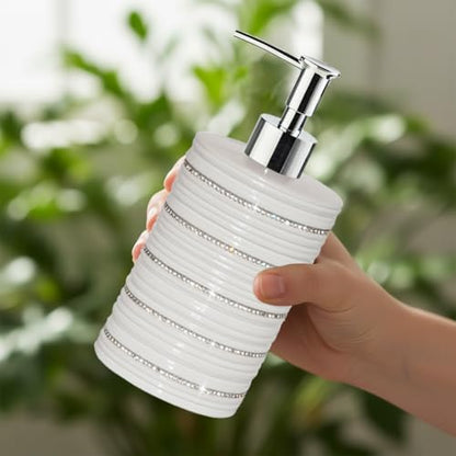 White Ceramic Soap Dispenser with Silver Pump for Bathroom, Refillable Liquid Hand Soap Dispenser, Bling Moissanite Design for Kitchen Dish Soap, Hand Soap, Pump Bottle for Liquid