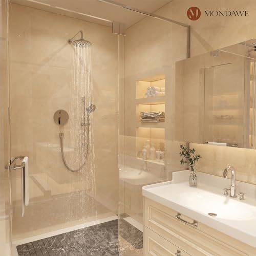 MONDAWE 8 Inch Wall Mounted Shower Faucet Set in Brushed Nickel, Rainfall Shower Head with 3-Setting Handheld Spray Shower Set Combo, High Pressure Shower System with Solid Brass Valve - color: Brushed Nickel, style: 8 IN - Without Tub Spout