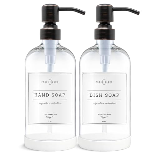 Vine Creations Clear Glass Soap Dispenser, 2 Pack Kitchen Soap Dispenser Set with Stainless Steel Pump, 16 oz Dish Soap and Hand Soap Dispensers for Bathroom with Waterproof Labels - color: Clear Bottle / Round Oil Rubbed Bronze Pump