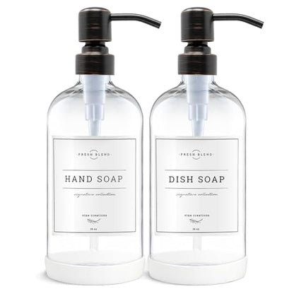 Vine Creations Clear Glass Soap Dispenser, 2 Pack Kitchen Soap Dispenser Set with Stainless Steel Pump, 16 oz Dish Soap and Hand Soap Dispensers for Bathroom with Waterproof Labels - color: Clear Bottle / Round Oil Rubbed Bronze Pump