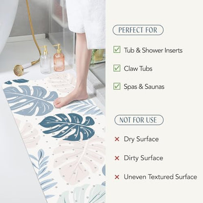 SHUCHING Blue Bath Mat for Tub Non Slip-40x16 Inch, Boho Leaves | Bathtub Mat for Women & Elderly Mold Free, Long Shower Mat for Inside Shower with Suction Cup, Machine Washable - color: Leaf