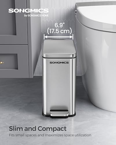 SONGMICS Bathroom Trash Can, 2.6 Gallon (10 L) Small Trash Bin with Lid, Slim for Small Spaces, Stainless Steel Garbage Can, Soft Close, Silver ULTB561E10 - color: Silver, style: 2.6 Gal.