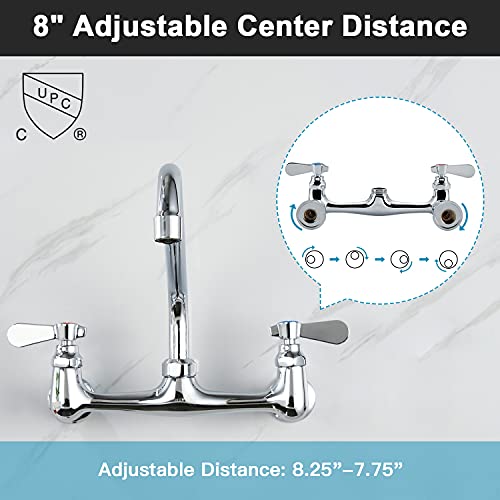 Wall Mount Commercial Sink Kitchen Faucet 8 Inch Adjustable Center | 12 Inch 360 Swivel Spout, Lead-free Brass, For Restaurant Laundry Utility Room, Easy to Install, CUPC NSF Certified - color: A Chrome, size: 12 Inch Spout