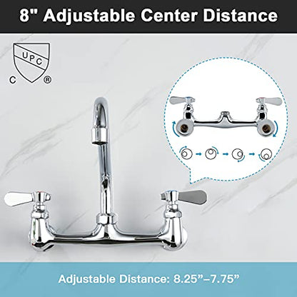 Wall Mount Commercial Sink Kitchen Faucet 8 Inch Adjustable Center | 12 Inch 360 Swivel Spout, Lead-free Brass, For Restaurant Laundry Utility Room, Easy to Install, CUPC NSF Certified - color: A Chrome, size: 12 Inch Spout
