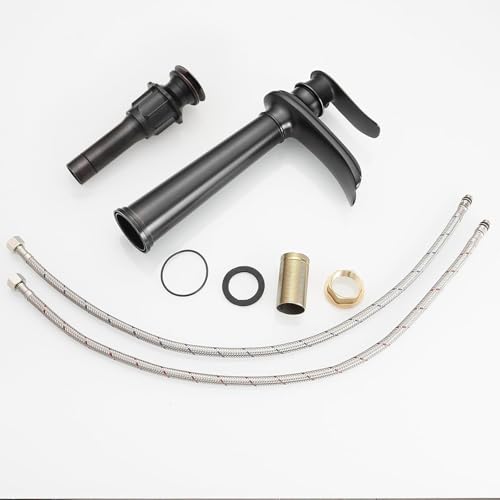 BWE Bathroom Vessel Sink Faucet Waterfall Spout Single Handle One Hole | Oil Rubbed Bronze Tall Vessel Lavatory Vanity Bathroom Faucet with Pop Up Drain and Supply Hose,Solid Brass,Deck Mount - color: Oil Rubbed Bronze, size: 11.81 inch Vessel Version
