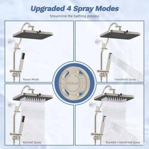 Hibbent 5-Mode 13" Rain Shower head, 4-Mode Handheld Shower, Brushed Nickel | cUPC Certified High Pressure Showerhead Combo, All Metal 4-way Diverter Extension Arm & Handheld Spray, 71'' Hose & Holder - color: Brushed Nickel, style: Square 13"
