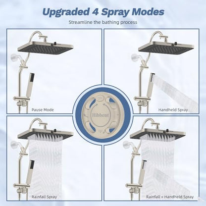 Hibbent 5-Mode 13" Rain Shower head, 4-Mode Handheld Shower, Brushed Nickel | cUPC Certified High Pressure Showerhead Combo, All Metal 4-way Diverter Extension Arm & Handheld Spray, 71'' Hose & Holder - color: Brushed Nickel, style: Square 13"