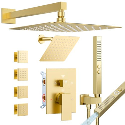 Shower System with 4 Body Spray Jets, STARBATH 4 Way 12 + 6"Rainfall Shower Head with Handheld Combo, Wall Mounted Shower Jets System in Wall Shower Faucet Set, Brushed Gold - color: Gold, size: 6"+12"-04