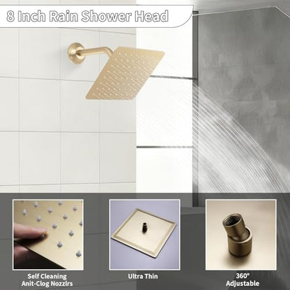 Shower Faucet Set Ceiling 20x14 inch LED Shower Head, Temperature Display Thermostatic Shower Valve, and Two 8-inch Wall Mounted Shower Heads Handheld Combination (Brushed Gold) - color: Brushed Gold