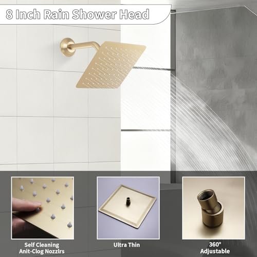 Dual Shower Mixer 6 Way Full Body Shower Head System Rain 12+8+8 Inch With Wall Mount 6 Pcs Jets 2 Handheld Shower Diverter Valve Digital Display Fauct Set,Brushed gold - color: Brushed gold