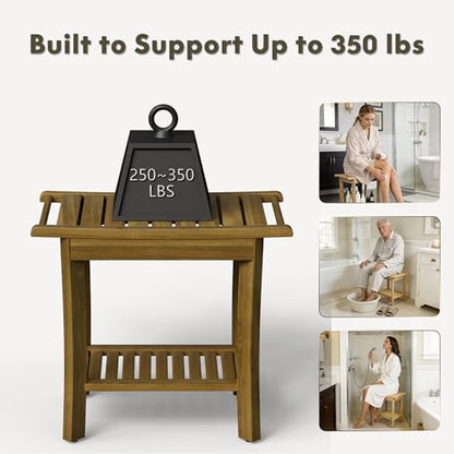 Teak Wood Shower Bench 14"/ 20"/ 30" Wide - Bathroom/Spa/Tub Teak Shower Stool Seat W/Shelf & Arms, Waterproof Heavy Duty Teak Wooden Shave Bench (20in) - size: 20in