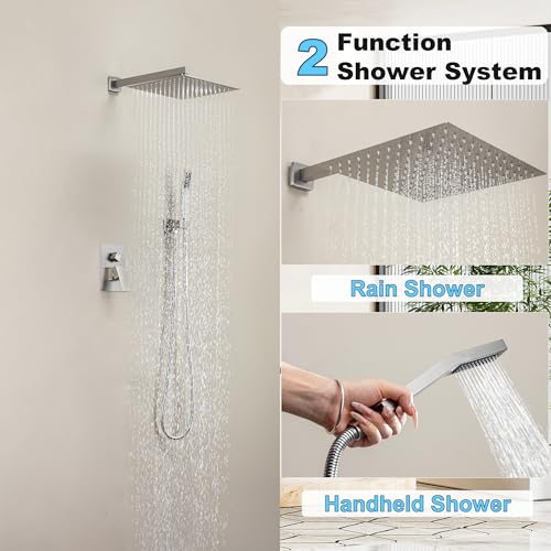 Brushed Nickel Shower System with 12-Inch Rain Showerhead and Handheld | Innovative air-injection technology for low pressure, high-flow rate up to 3.22 GPM ensuring powerful consistent stream - color: Brushed Nickel, style: 12"-Without Tub Spout