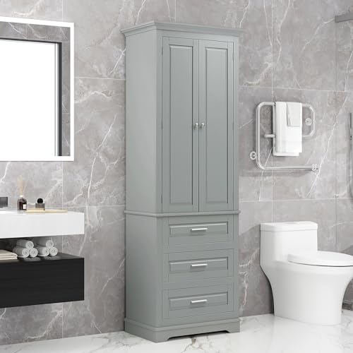 JIVOIT Modern 70" H Tall Storage Cabinet with Three Drawers, Bathroom Storage Cabinet with Adjustable Shelf, Floor Cabinet for Office Bathroom Kitchen (Grey * 17) - color: Grey * 17