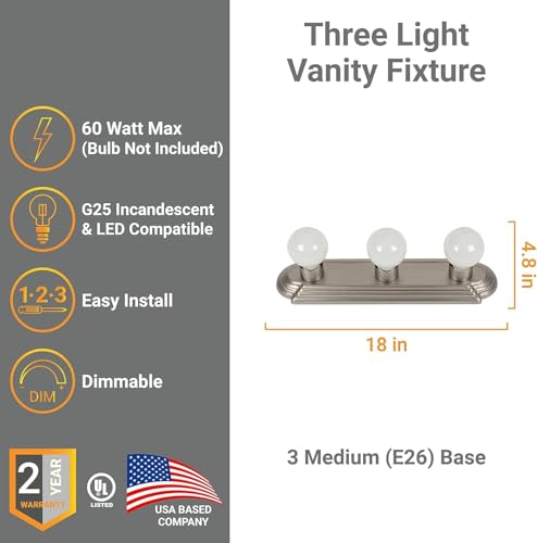 Diodesy- 3-Light Vanity Strip Light 18-Inch Art Deco Linear Brushed Nickel Fixture Dimmable 3 Medium Base Sockets (Bulbs Not Included) Modern Wall Mounted Lighting Over Mirror for Bathroom Bedroom