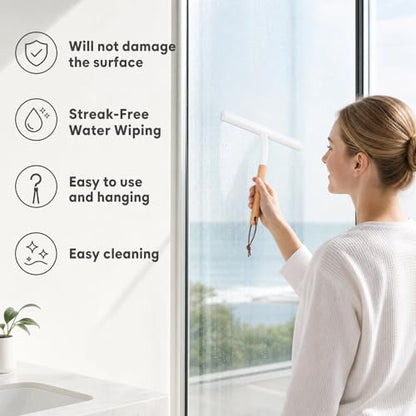 NUOBESTY Shower Squeegee for Glass Doors, Wood Handle White Silicone Wiper | 10" Streak-Free Blade with an Aesthetic Natural Grip. Includes Suction Cup & Over-Door Hook for Bathroom Mirrors & Tiles