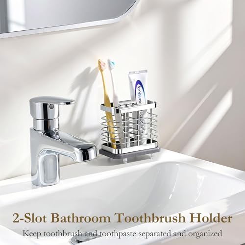 Shinowa Toothbrush Holder Wall Mounted for Bathroom 2 Slots, Silver | Stainless Steel Electric Toothbrush Toothpaste Holder with Fast Dry Tray, Adhesive and Countertop Bathroom Accessories - color: Silver