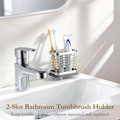 Shinowa Toothbrush Holder Wall Mounted for Bathroom 2 Slots, Silver | Stainless Steel Electric Toothbrush Toothpaste Holder with Fast Dry Tray, Adhesive and Countertop Bathroom Accessories - color: Silver
