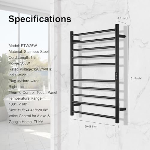Electric Towel Rack with Voice Control for Alexa & Google Home,TUYA-Wall-Mounted Bathroom Heating Towel Warmer,Stainless Steel Material,31.5x20.08x4.41in,Plug-in,Black,10 Bars - color: Black With Wifi, size: 10 Bar