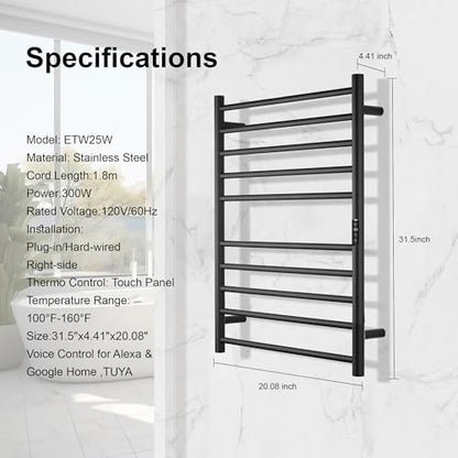 Electric Towel Rack with Voice Control for Alexa & Google Home,TUYA-Wall-Mounted Bathroom Heating Towel Warmer,Stainless Steel Material,31.5x20.08x4.41in,Plug-in,Black,10 Bars - color: Black With Wifi, size: 10 Bar