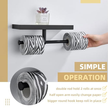 APLusee Double Toilet Paper Holder Matte Black, Stainless Steel Tissue Holder with Sintered Stone Shelf, Wall Mount - size: Double Rod