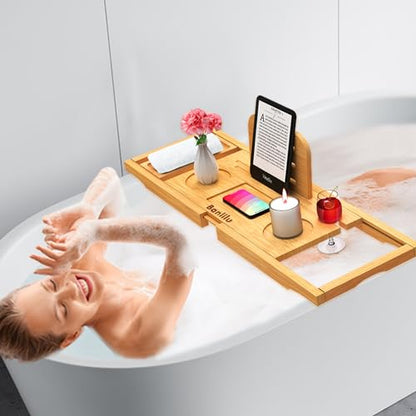 Banlilu Bathtub Tray - Bath Tray Expandable - Bath Tub Tray Table for Bathtub, Ajustable Size, Fits Most Tubs - color: Natural Bamboo Wood
