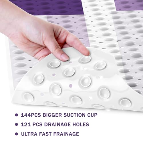 Purple Bath Tub Mat Non Slip, Modern Geometric Large Washable Shower Mats with Drain Holes and Suction Cups,40 X 16 Inch - color: Purple