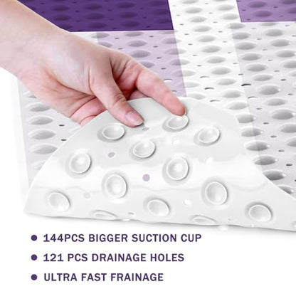 Purple Bath Tub Mat Non Slip, Modern Geometric Large Washable Shower Mats with Drain Holes and Suction Cups,40 X 16 Inch - color: Purple