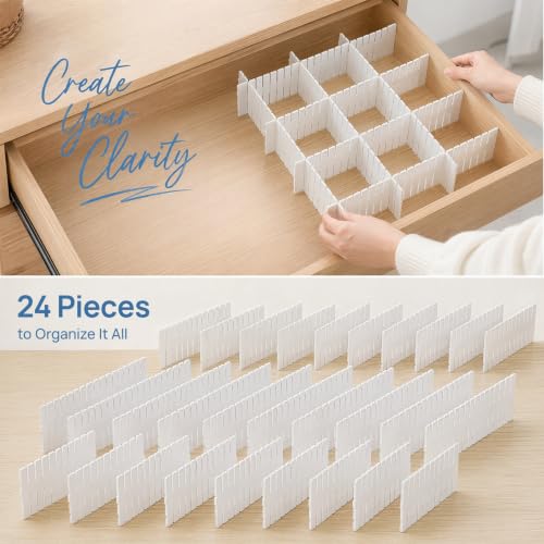 24 Pack Drawer Organizer Dividers, Adjustable DIY Storage Separator for Tidying Clutter Cutlery Underwear Socks Clothes Dresses Desk & Box in Kitchen Bathroom Bedroom Office (Cut at Will)