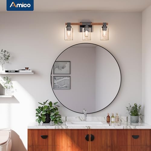 Amico 3-Light Farmhouse Bathroom Vanity Light, Seeded Glass, Black & Wood | Bubble Glass Shade Wall Sconce, Over Mirror Lighting for Bathroom, Bedroom, Living Room, Hallway, Powder Room, Entryway - size: 3-Light