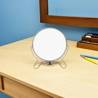 2pcs Double Sided Makeup Vanity Mirrors with Stand, 6-inch Round Lightweight Metal Frame and Glass, Foldable Swivel Tabletop Mirrors for Eyebrow Grooming at Home Use