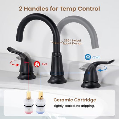 Matte Black Widespread Bathroom Faucet 3 Hole, 8 Inch Bathroom Sink Faucet | Adjustable Sink Faucet Bathroom with Pop-Up Drain & Supply Lines, Dual Handle 360° Swivel Spout, Modern Design