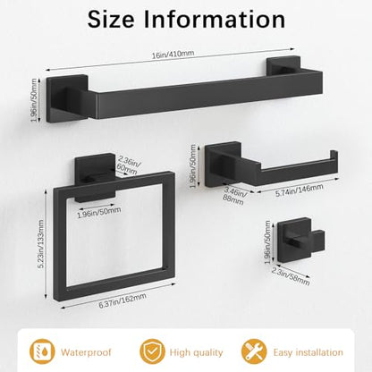 Bathroom Hardware Accessories Set, 10 Piece Towel Bar Set, Matte Black | Black Bathroom Hardware Set Stainless Steel, Towel Racks for Bathroom Wall Mounted Towel Holder Set,16 inch - size: 16 Inch
