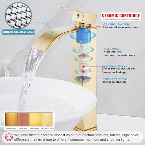 Midanya Waterfall Tall Bathroom Vessel Sink Faucet,Brushed Gold | with 24” cUPC Water Hoses,Pop Up Drain without Overflow,for 1 hole Vanity,RV,Lavatory,Bowl,Farmhouse,SUS304,Single Handle - color: Gold