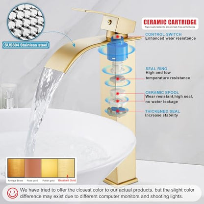 Midanya Waterfall Tall Bathroom Vessel Sink Faucet,Brushed Gold | with 24” cUPC Water Hoses,Pop Up Drain without Overflow,for 1 hole Vanity,RV,Lavatory,Bowl,Farmhouse,SUS304,Single Handle - color: Gold