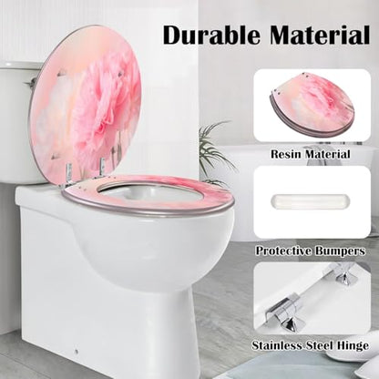 Round Toilet Seat Pink Flowers Bouquet light pink soft Resin Toilet Seat Slow Quiet Close with Quick-Release Hinges Toilet Seat with Cover Easy to Clean Install - color: Multi6, size: 16.5"x14.5"