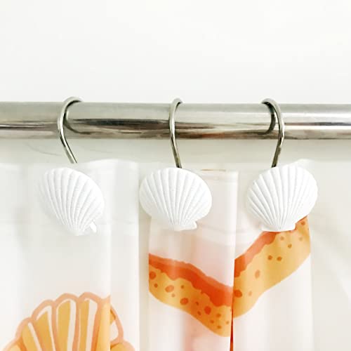 Twofish Home White Sea Shell Shower Curtain Hooks Anti Rust Shower Curtain Hooks Decorative Resin White Sea Shell Shower Curtain Rings Set of 12 - color: White
