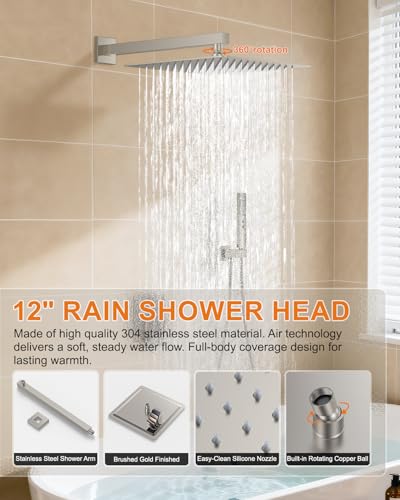 Brushed Nickel Shower System with Tub Spout, Wall Mounted Bathtub Shower Faucet Set, 12" Rainfall Shower Head and Handheld Shower Combo, High Pressure Shower Fixtures Set with Rough-in Valve - color: Brushed Nickel, style: 12" Wall Mounted Shower System w