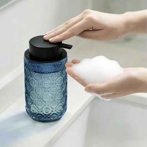 13.5 oz Glass Soap Dispenser, Luxurious Floral Embossed Glass Bathroom Countertop Foaming Pump for Kitchen Vanity (Blue) - color: Blue