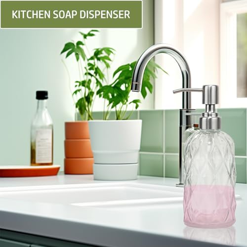 12Oz Clear Glass Soap Dispenser with Stainless Steel Pump, Diamond Design | Refillable Kitchen Liquid Hand Soap Dispenser, for Dispense Hand soap, Dish Soap, Lotion, Bathroom, Countertop, Hotel - color: Clear a