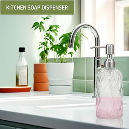 12Oz Clear Glass Soap Dispenser with Stainless Steel Pump, Diamond Design | Refillable Kitchen Liquid Hand Soap Dispenser, for Dispense Hand soap, Dish Soap, Lotion, Bathroom, Countertop, Hotel - color: Clear a