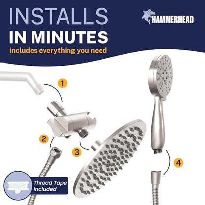 HammerHead Showers Dual Shower Head Combo, 8-Inch Rainfall & 3-Flow Handheld, Brushed Nickel, 1.75 GPM - color: Brushed Nickel, size: 1.75 GPM California