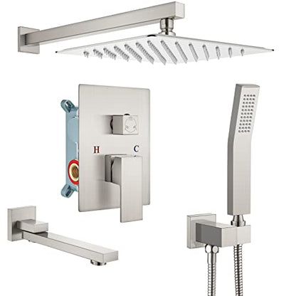 gotonovo Tub Shower Faucet Set with Valve Kit 12’’ Head,Brushed Nickel | Shower System with Tub Spout,SUS304 Rain Head with Handheld Sprayer,Swivel Spout,All Metal,Rough-In Valve Trim Kit,Wall Mount - color: Nickel, size: 12’’ Head