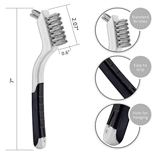 Wire Brush Set 3Pcs - Nylon/Brass/Stainless Steel Bristles with Curved Handle Grip for Rust, Dirt & Paint Scrubbing with Deep Cleaning – 7 Inches (Grey) - color: Gray